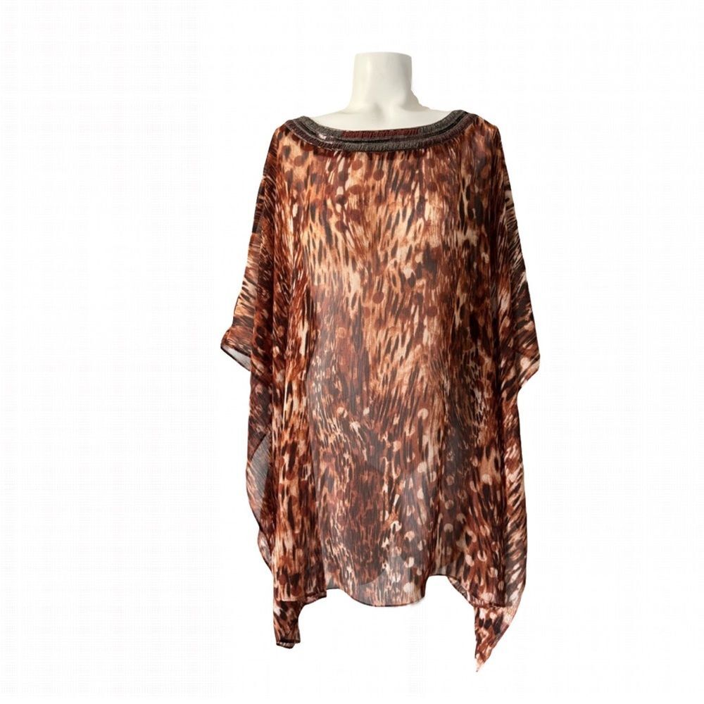 Chico's Beaded Dolman Sleeve Animal Print Brown Rust Beige Blouse Tunic Top L/XL